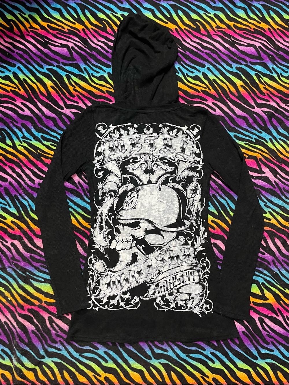 Y2k grunge goth rare 2000s Metal Mulisha ribbed thermal hoodie Skull Graphic